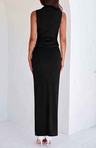 BTFBM Summer Two Piece Skirt Set for Women 2025 Dressy Lightweight Sleeveless Knit Top Going Out Split Maxi Skirt Set