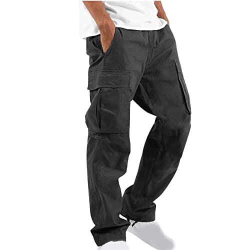 Men‘s Cotton Cargo Pants Trendy Drawstring Straight Sweatpants Casual Streetwear Baggy Joggers with Multi Pockets