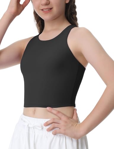 Ewedoos Girls Tank Tops Double Lined Crop Tops for Kids Sleeveless High Neck Racerback Dance Tops for Girls Athletic - Main Image