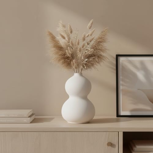 Image of PUREZENTO 'Orio' White Ceramic Vase 12 Inches - Pack of 1 | Decorative Vase for Dried Flowers & Pampas Grass | Vases for Modern Home Decor, Living Room, Office Decor Ideas