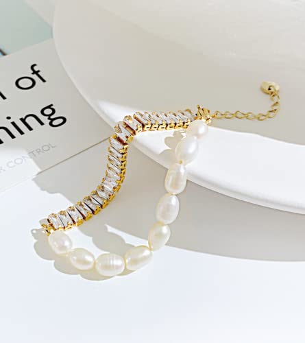 Agriajun Gold Pearl Tennis Bracelet For Women Teen Girls - Elegant Charm Half Freshwater Pearl Half Baguette Rhinestone Cubic Zirconia Link Chain Fashion Bracelets Jewelry Gift #TOP2