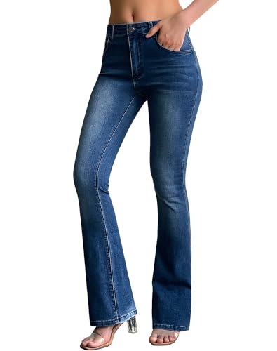roswear Womens Mid Waist Bell Bottom Stretchy Flare Jeans Pants Blue Medium