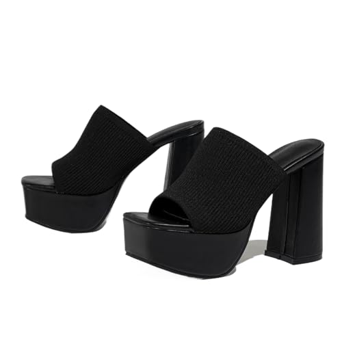 NELSBREXWomen'S Knitted Peep Toe Platform Chunky High Heel Slide Sandals Slip-On Square Open Toe Non-Slip Block High Heeled Backless Sexy Party Dress Mules Slippers for Club Events Prom
