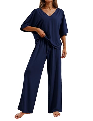 Image of Ekouaer Pajama Sets for Women 2 Piece Lounge Set Short Sleeve Tops and Long Pants Soft Comfy Pjs Sleepwear Outfits S-XXL