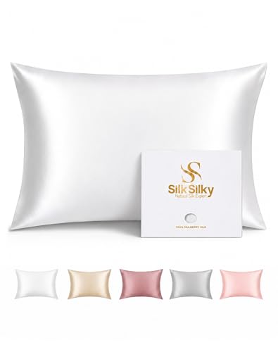 SilkSilky 100% Pure Organic Mulberry Silk Pillowcase for Hair & Skin, Both Sides Grade 6A Pillow Cases with Hidden Zipper, Breathable Cooling Silk for Beauty Sleep (Standard 20''x26'', White)