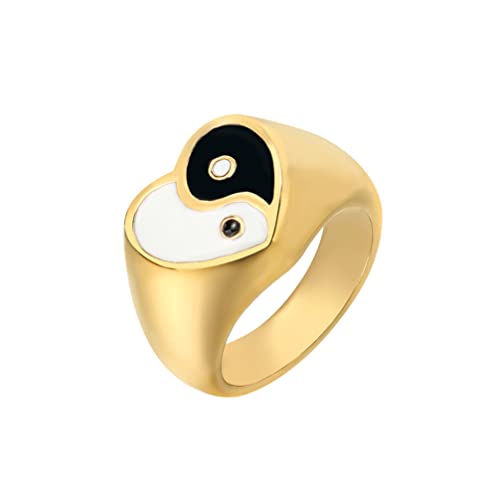 PAMTIER Unisex Stainless Steel Trendy Simple Heart Cut Black and White Yin Yang Gossip Biker Ring