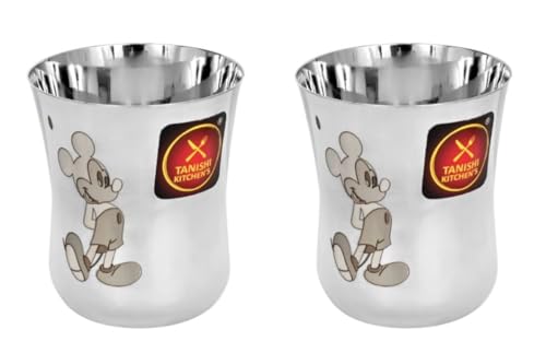 Image of TANISHI KITCHEN'S Stainless Steel Mickey Character Small Glass- Set of 2, 100ml Each | Kid-Safe Cartoon Glasses for Milk, Water & Juice | Break-Resistant & Easy to Clean