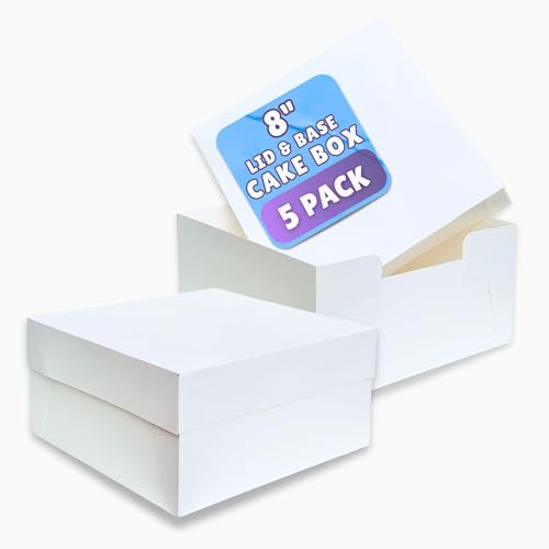 PACK N TRADE White 8 Inch Cake Box, Pack of 5 Square Cardboard Cake Boxes with Lids (8 x 8 x 5 Inches), Ideal for Safely Carrying and Transporting Cakes