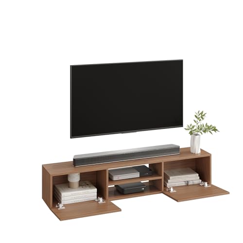 Image of FURNEASER Sasia Modern Wall Mounted TV Unit for 32 /42 /55 Inch TV | Floating Entertainment Unit with Storage | Engineered Wood TV Cabinet for Living Room | TV Stand with Doors (Exotic Teak)