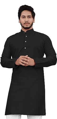 Image of Cotton Blend Full Sleeve Long Plain Kurta for Men