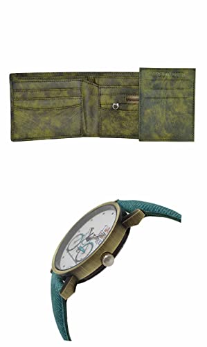 Image of LOREM Green Color Faux Leather Wallet & White Analog Watch Combo for Men & Women | WL27-LR229