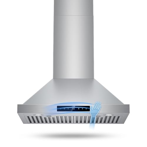 30 Inch Wall Mount Range Hood 1200CFM, 4-Speed Smart Wall Mount Range Hood with Touch Sensor & Remote, Dual LED Lights, Baffle Filters Ducted/Ductless Convertible Pro Series