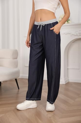 Women's Lightweight Barrel Jeans High Waist Drawstring Pull On Casual Baggy Denim Pants with Pocketss4