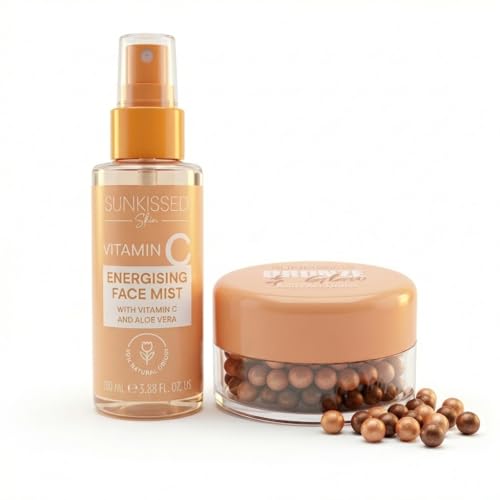Sunkissed Bronze & Glow Duo Makeup Gift Set for Women - Bronzing Pearls 45g & Vitamin C Hydrating Face Mist Spray 100ml - Beauty Gift Set Skincare Bundle with Natural Bronzer & Facial Mist