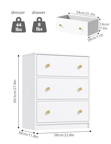 Nicehill 3 Drawer Dresser, White Nightstand for Bedroom with Drawers, Small Dresser Bedside Table Chest of Drawers for Bedroom, Hallway, Entryway, Closets,Kids\' Room (White)