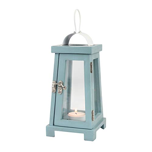 Stonebriar Coastal Worn Blue Wooden Tea Light Candle Lantern with Handle - Image 3