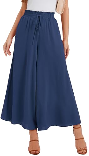 WUWUSKY Jupe Culotte Femme Pantalon Large Taille Haute Pantalon d'Été Léger Infroissable de Plage avec 2 Poches pour Quotidien et Soirée, 01 Bleu Foncé, XL