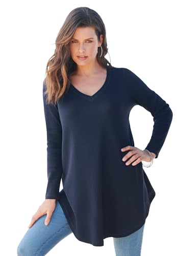 Roaman's Women's Plus Size Knit Thermal V Neck Swing Tunic – Long Sleeve - 26/28, Navy
