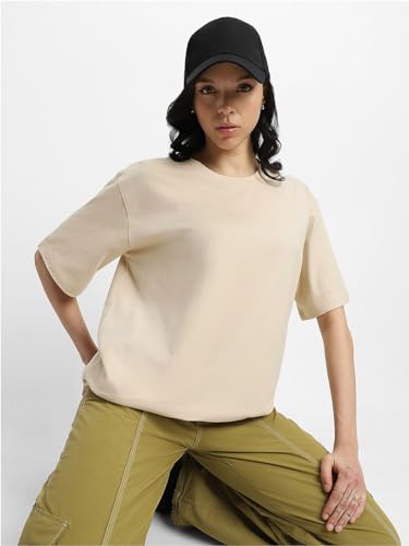 Image of JUNEBERRY Pure Cotton Oversized Baggy Fit Half Sleeve Drop Shoulder Plain Solid Round Neck T-Shirt for Women (Available in Black, White, Lilac, Cork, Maroon, Royal Blue, Swan White, Soap Nut Colors)