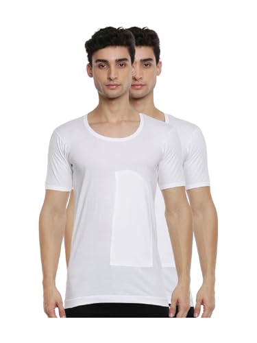 Image of RAMRAJ COTTON Men White Round Neck Half Sleeve Undershirt Vest With Pocket In Supersoft Cotton