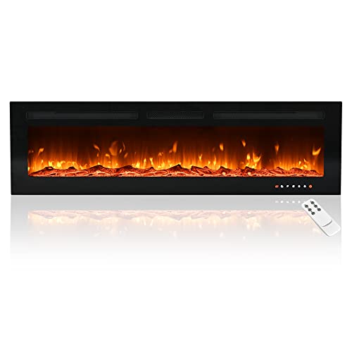E EUHOMY 60-inch Electric Fireplace, Recessed and Wall Mounted Fireplace Heater, Adjustable Brightness, Multiple Colors, Dual Control Remote and Touch Screen, Indoor Heater with Timer, 750W/1500W
