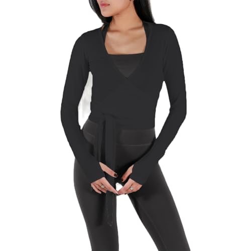 Meihuida Women Wrap Top Long Sleeve Deep V Neck Tie Workout Ballet Pilates Yoga Shirt with Thumb Holes