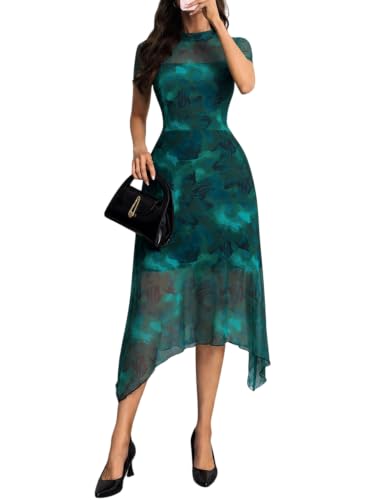Image of GothDark Women Summer Wedding Guest Floral Mesh Irregular Hem Midi Dress | A-Line, Short Sleeve, Sheer Mesh Overlay, Elegant Vintage Dresses For Party, Semi Formal, Vacation, Dinner, Church