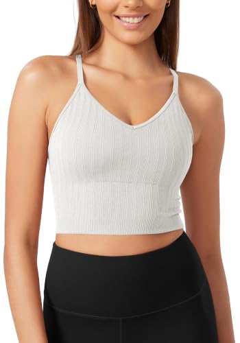 Image of ODODOS Seamless Padded Sports Bra for Women Strappy Longline Wirefree Brami Ribbed Crop Tank Tops