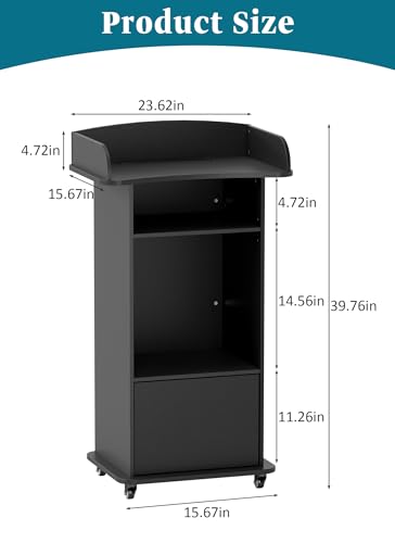 Socomf Portable Podium Stand with Wheels, Mobile Wood Lecterns with Adjustable Storage Shelf, Rolling Church Pulpits, Host Stand for Office Conference School(Black)
