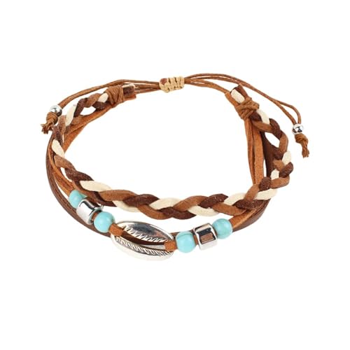 FDEETY Bracelet Femme en Cuir Tressé avec Perles Turquoise et Plume Argentée Bijoux Femme Style Bohème Bracelet d'Amitié pour Toutes Occasions