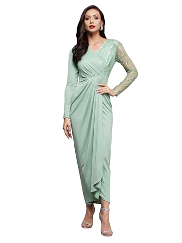 Image of Miss Chase Women's Fit and Flare Full Length Pleated V-Neck Full Sleeve Dress