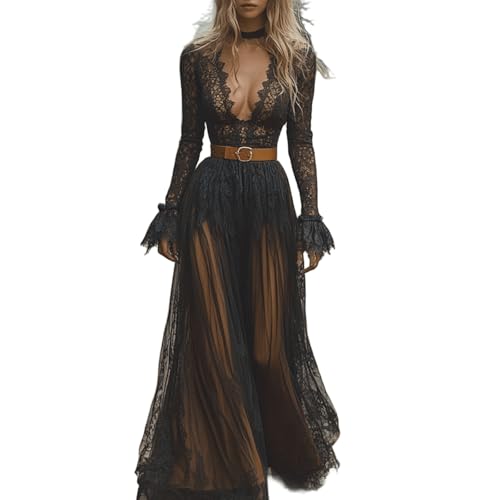 Western Cowgirl Dress for Women Sexy Lace Deep V Neck Long Sleeved Large Skirt Vintage Boho Western Dresses (Black Lace-C,Small)