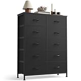 Sweetcrispy 10 Drawer Fabric Dresser Storage Tower with Bins, Tall Chest Organizer for Bedroom Closet Hallway, Steel Frame Wood Top Easy Pull Handles,Black