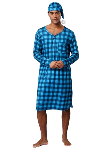 TiaoBug Mens Plaid Loose Sleepwear Nightdress Lightweight Nightshirts Robe with Sleeping Cap Pajama Set3