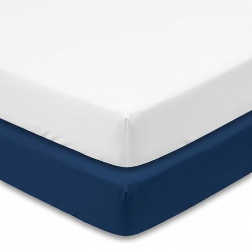 Image of Everyday Kids 2-Pack Fitted Crib Sheets, 100% Soft Breathable Microfiber Baby Sheet, Fits Standard Size Crib Mattress 28in x 52in, White Nursery Sheet and Navy Nursery Sheet