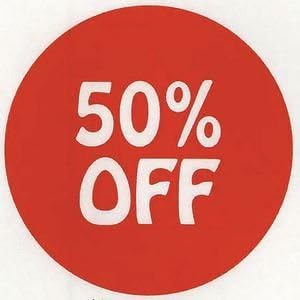 Sale Labels"50% Off" Red with White Text, 1000 per roll