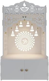 Divine Wooden Pooja Mandir for Home with Spacious Shelf & Inbuilt Focus Light - White Pooja Mandir, 96 cm - Temple for Home