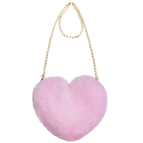 Miayon Heart Shaped Faux Fur Clutch Purse Fluffy Crossbody Shoulder Bag for Women Halloween Christmas Valentine Pink