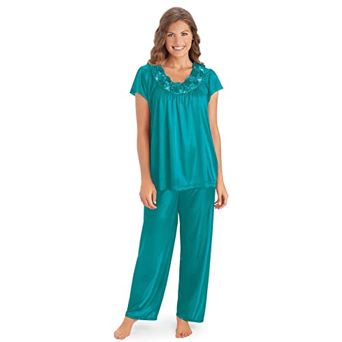 Collections Etc Women's Rose Trim Short Sleeve Pajama Set Misses Teal Large, Teal, Large