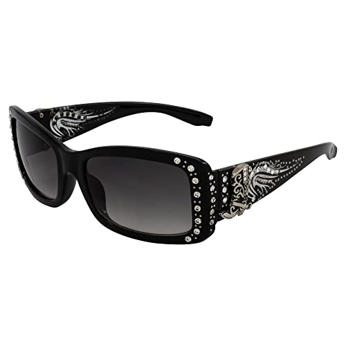 Rodeo Queen Belle Women’s Fashion Sunglasses Black Frame w/Bling Rhinestones & Smoke Gradient Lens