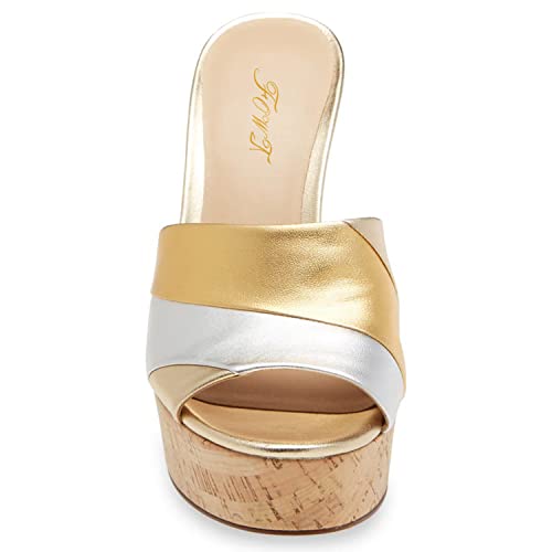 FOWT Beach Platform Two Tone Stripes Patchwork Shallow Wedge Sandals for Woman Chic Shiny Leather Cork Heel Gold Pumps Comfort Slip on 3 inches Daily Casual Travel Shoes, US Size 4-16 M4