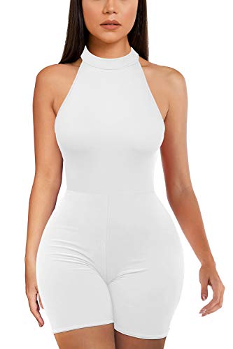 BEAGIMEG Women's High Neck Sleeveless Short Jumpsuit Bodycon Party Romper White