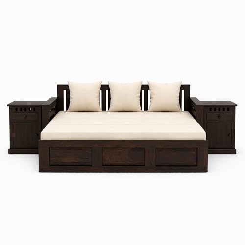 Image of SONA ART & CRAFTS Regal Sheesham Wood 3 Seater Sofa Cum Bed with Bedside | Wooden 3 Seater Sofa for Living Room Wooden Furniture Sofa Bed for Home (Walnut Finish)