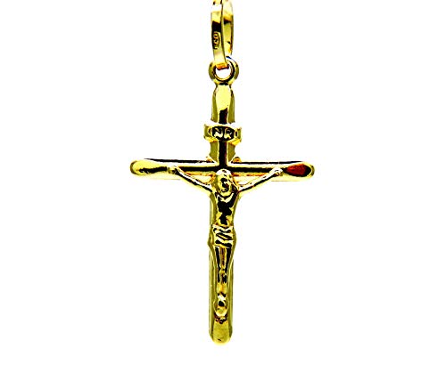 Produzione Italiana PEGASO GIOIELLI Ciondolo da Uomo in Oro Giallo 18Kt (750) Pendente Religioso Croce Smussata con Gesù Cristo - Donna Bambini
