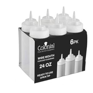 Colonial Food Service Equipment 24oz Wide Mouth Squeeze Bottles Set of 6 with Plastic Spout Caps for Kitchen Baking Condiment Sauce Oil Vinegar Salad Dressing Ketchup Mayo Mustard and more.