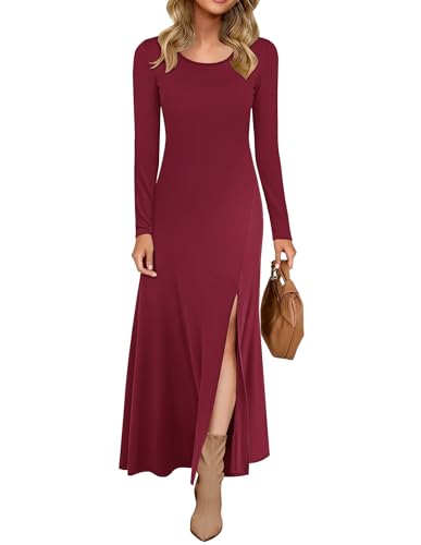 AUSELILY Vestido Largo de Manga Larga con Abertura para Mujer Rojo Vino XXL