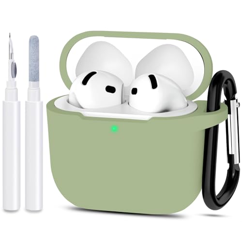 Coque AirPods 4 silicone kaki avec LED avant visible et mousqueton de transport amovible