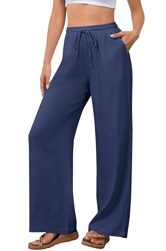 Pantalones de algodón para Mujer Pantalones de Tiempo Libre con cordón Cintura elástica Informal Holgada Pantalones para Mujer Pierna Ancha con Bolsillos(Azul Oscuro,XL)