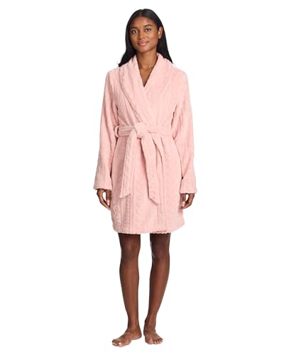 TAHARI Sculpted Plush Robes for Women Short, Fluffy Robe with Pockets and Waist Tie, Fuzzy Bathrobe, Womens Gifts