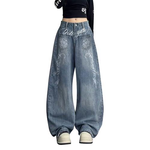 Jean baggy évasé rose brodé pour vos sorties streetwear et soirées vintage Y2K